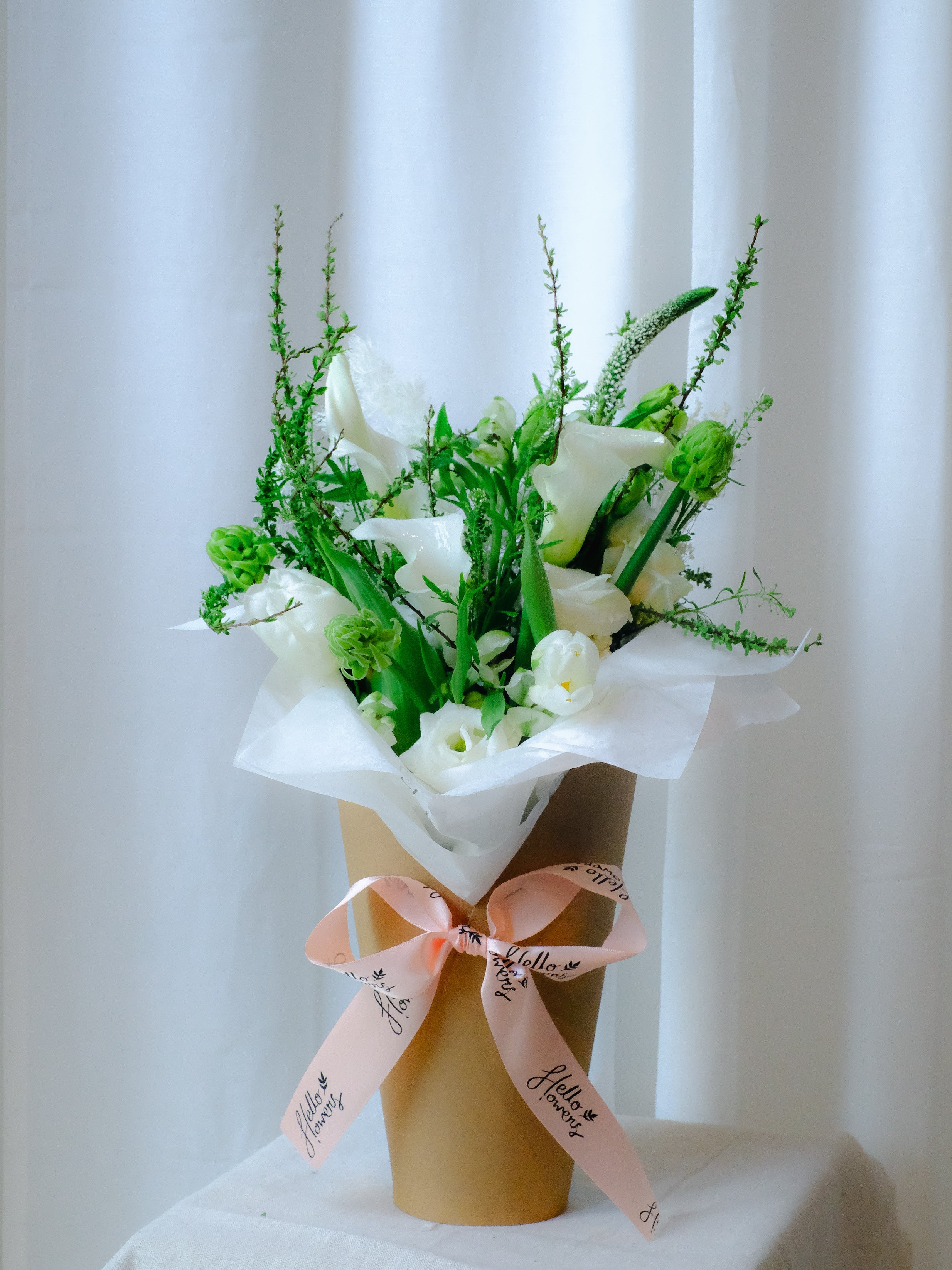 Lara - Calla Lilies &amp; White Tulips Bouquet in a Paper Cone Holder