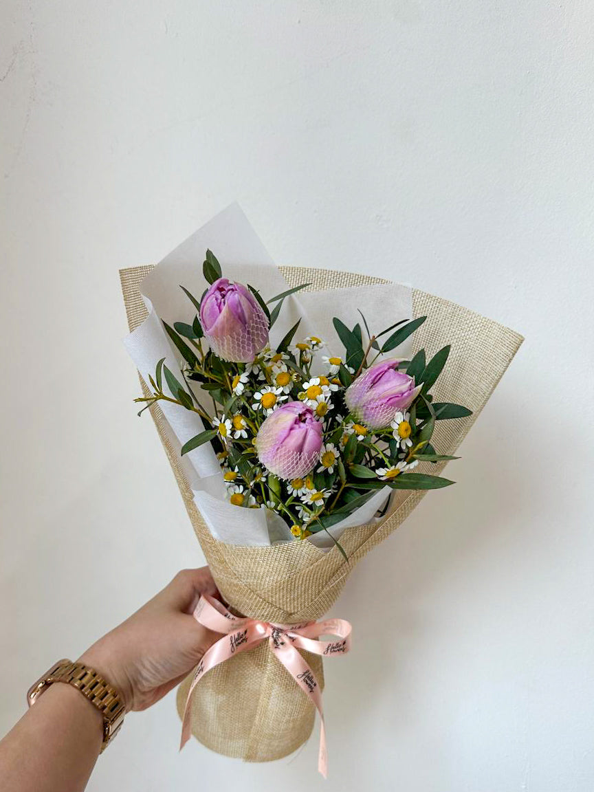 Daisies Tanacetum with White Tulips Bouquet