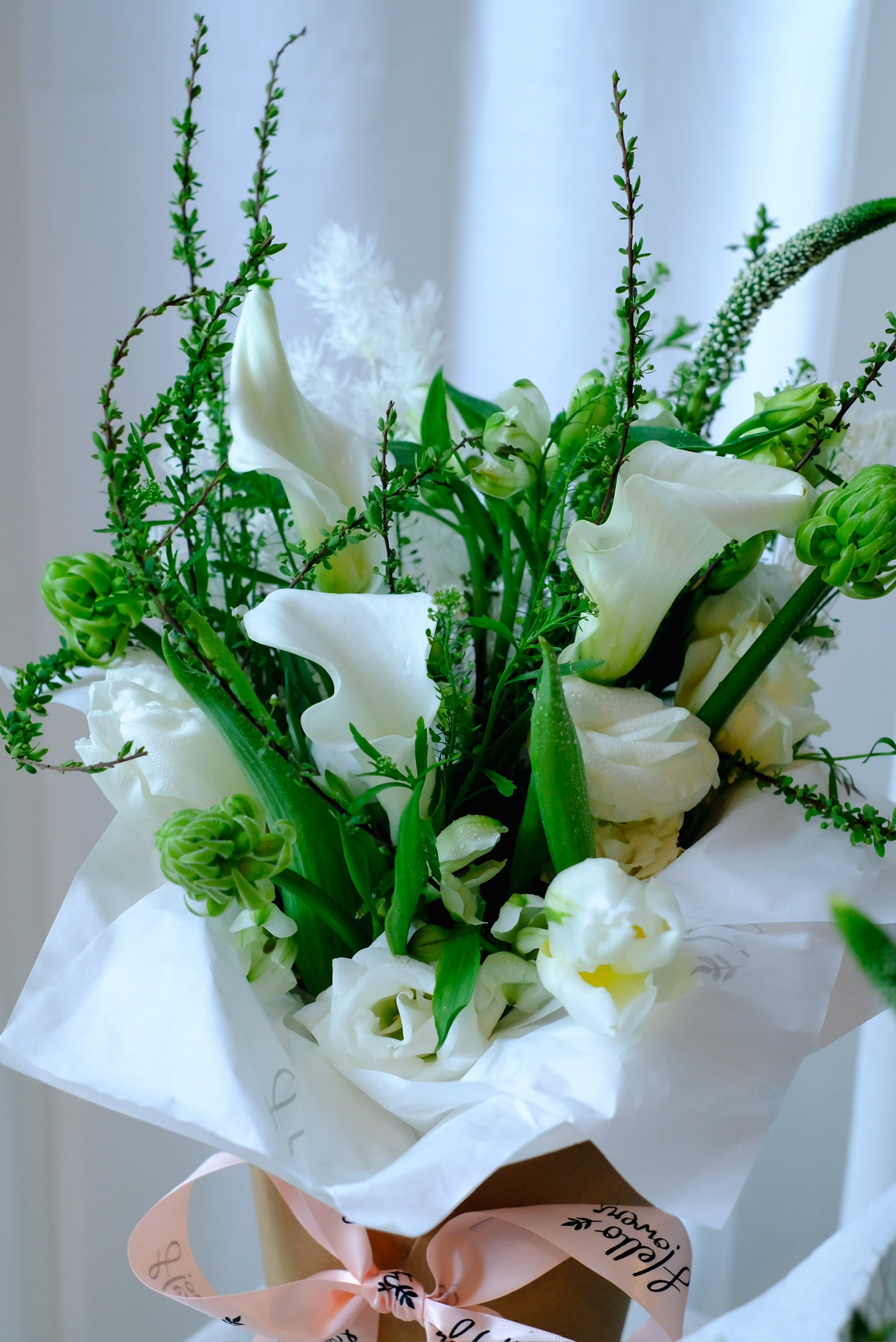 Lara - Calla Lilies &amp; White Tulips Bouquet in a Paper Cone Holder