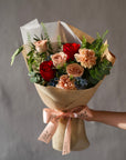 Mocha Rose - Red and Cappuccino Rose Bouquet with Blue Oxypetalum