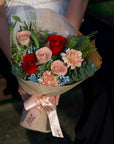 Mocha Rose - Red and Cappuccino Rose Bouquet with Blue Oxypetalum