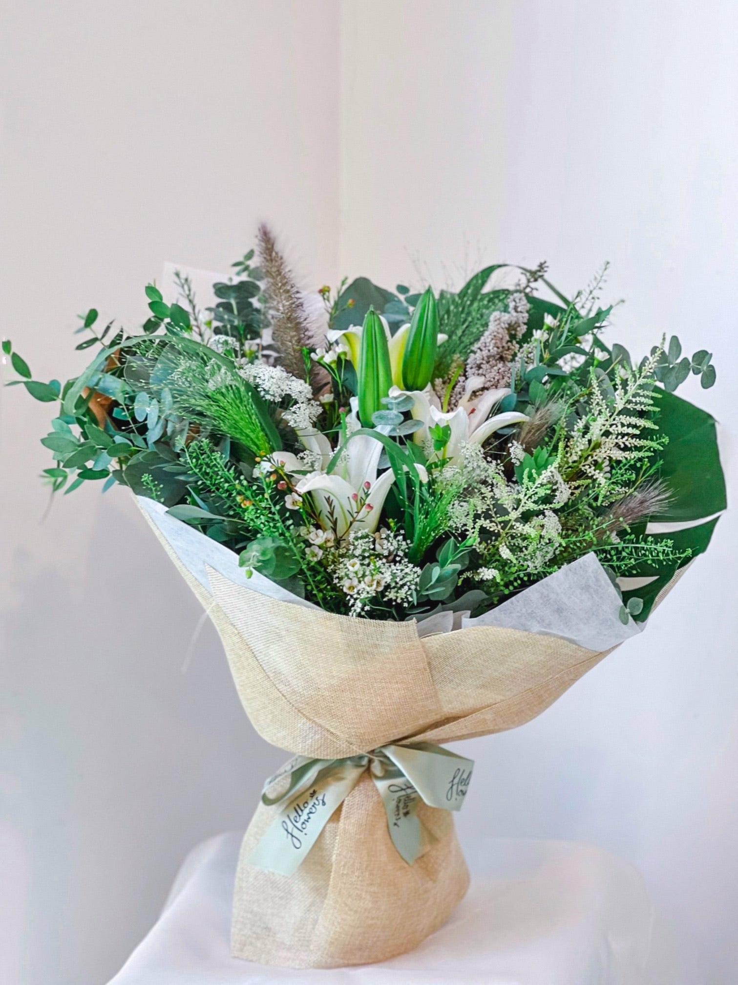 [2 days Advanced Order] Leah - White Lilies and Greens Bouquet