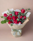 red roses bouquet 9 12 stalks eucalyptus leaves 