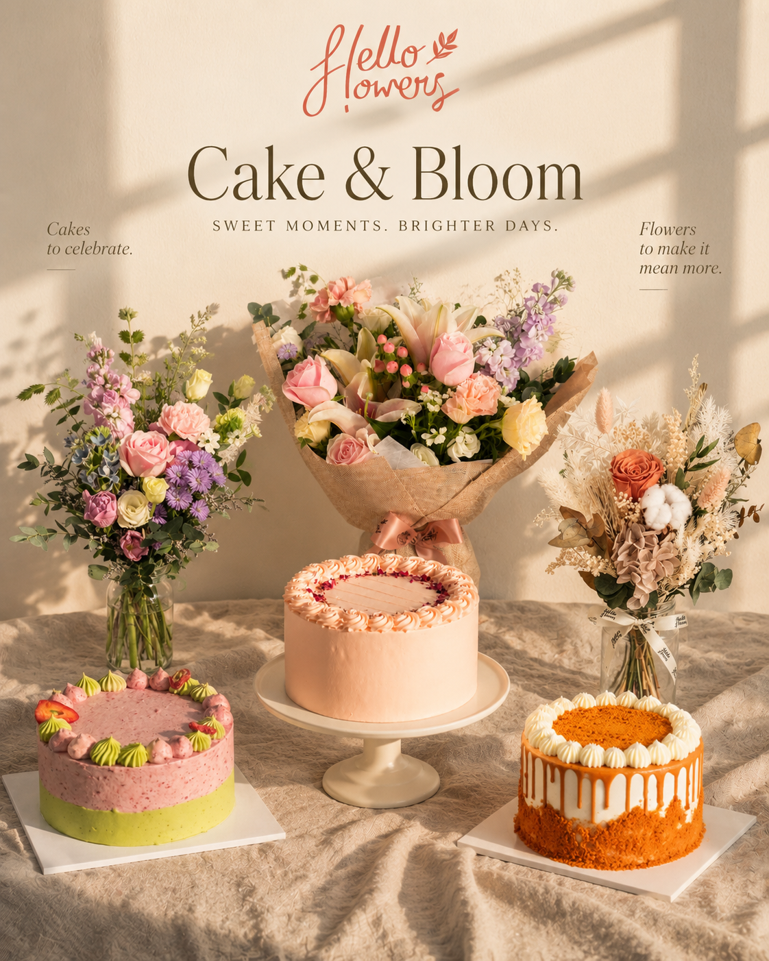Cake & Bloom: Edith Patisserie cakes with Hello Flowers jar, bouquet and preserved flower arrangements