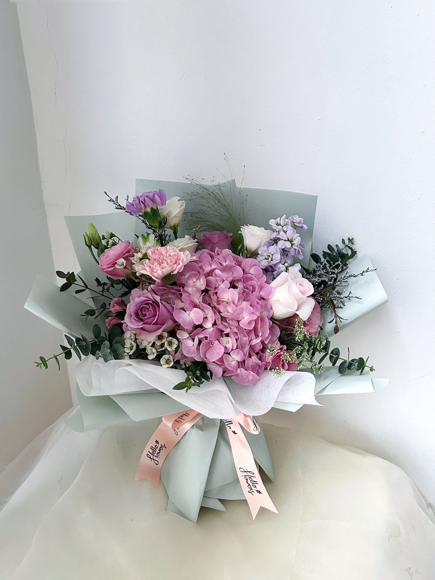 Enchanted Bouquet/Vase - Pink hydrangea with lilacs and pastel pinks