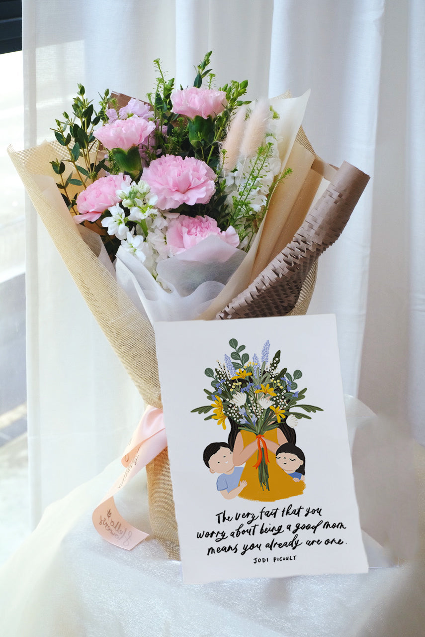 Mother&#39;s Day 25 | Hello Flowers! X Kristen Kiong Bundle - Carnation Bouquet with &quot;Already a Good Mom&quot; Poster
