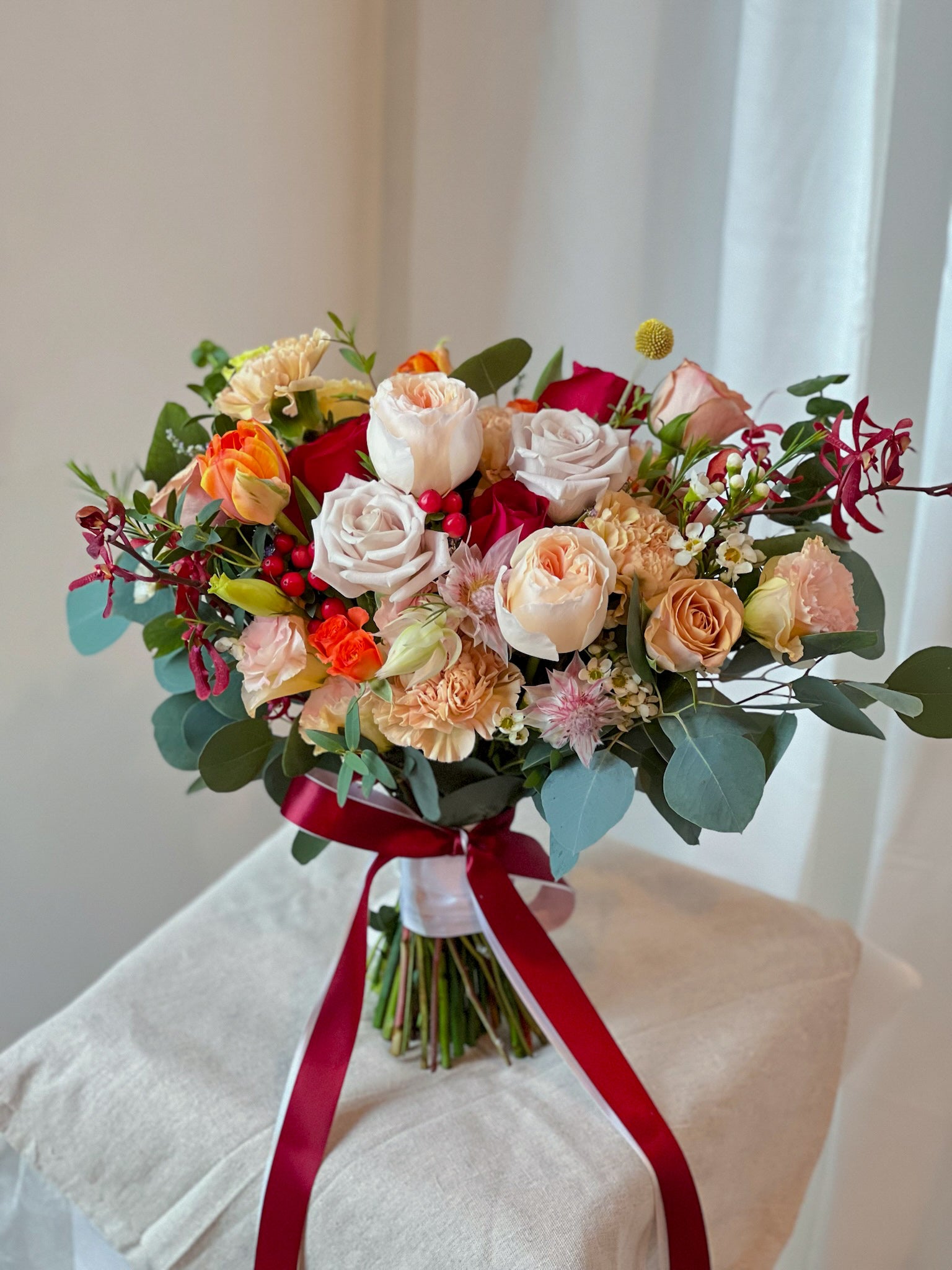 [4 days advanced order] Juliet Roses in Red Orange Peach Theme - Fresh Bridal-Style Bouquet