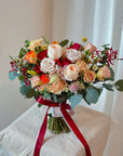 [4 days advanced order] Juliet Roses in Red Orange Peach Theme - Fresh Bridal-Style Bouquet