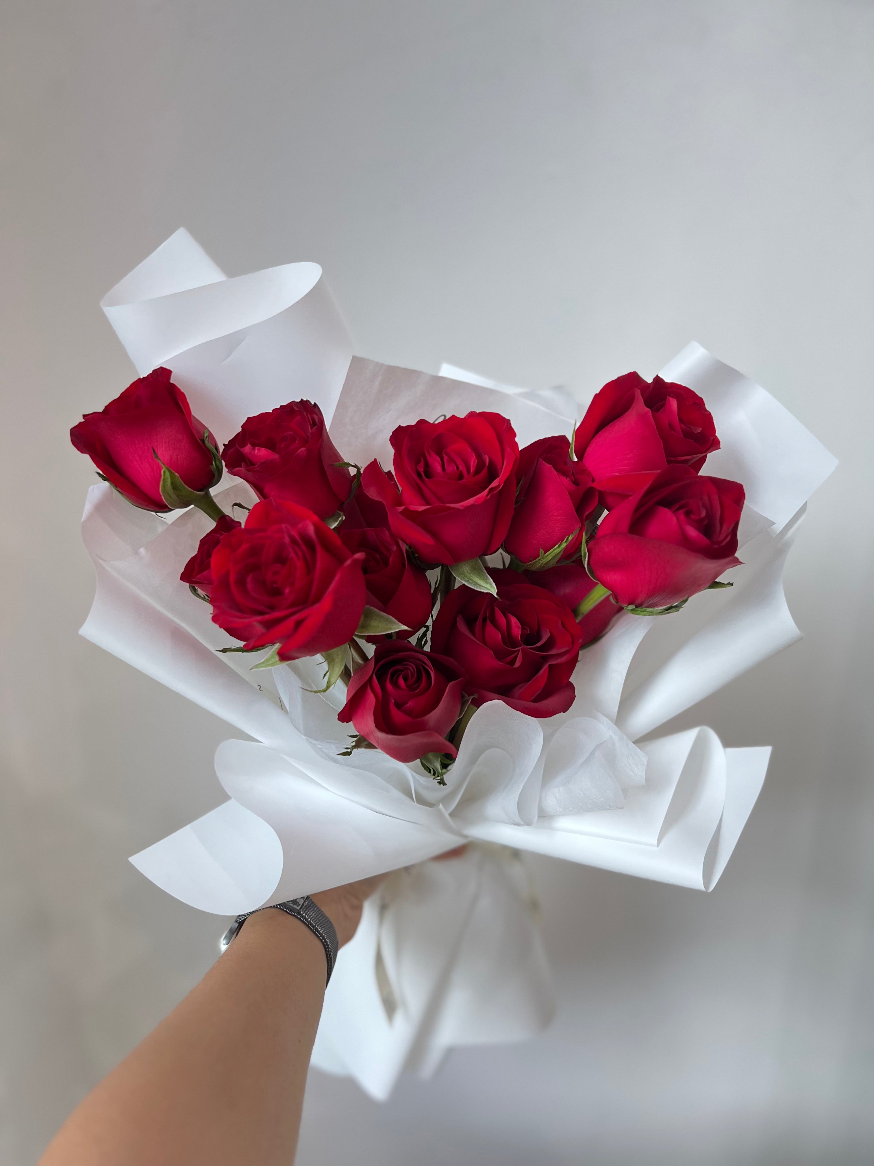 Ruby - Red Roses in White Wrapping - 14 Stalks