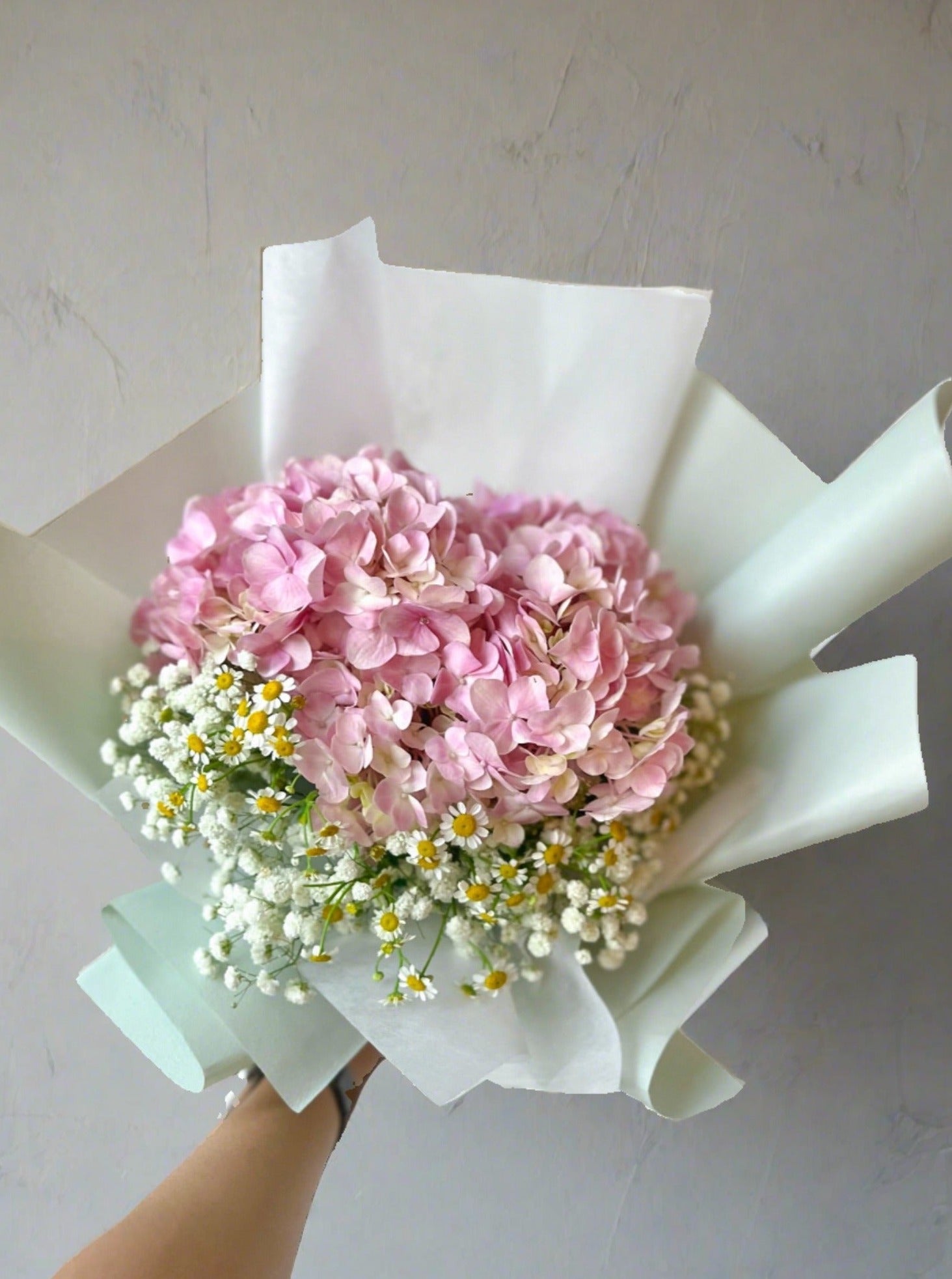 pink hydrangea flower bouquet baby&#39;s breath tanacetum daisies