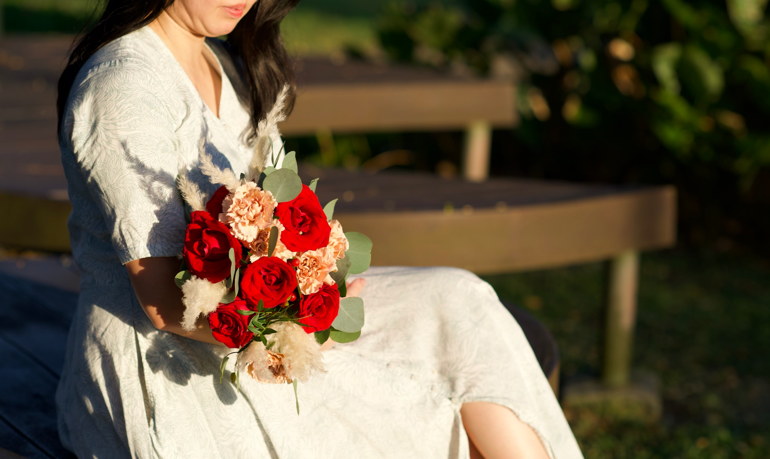 Red Roses Caramel Carnation and Pampas Bridal Bouquet (Fresh Flower)