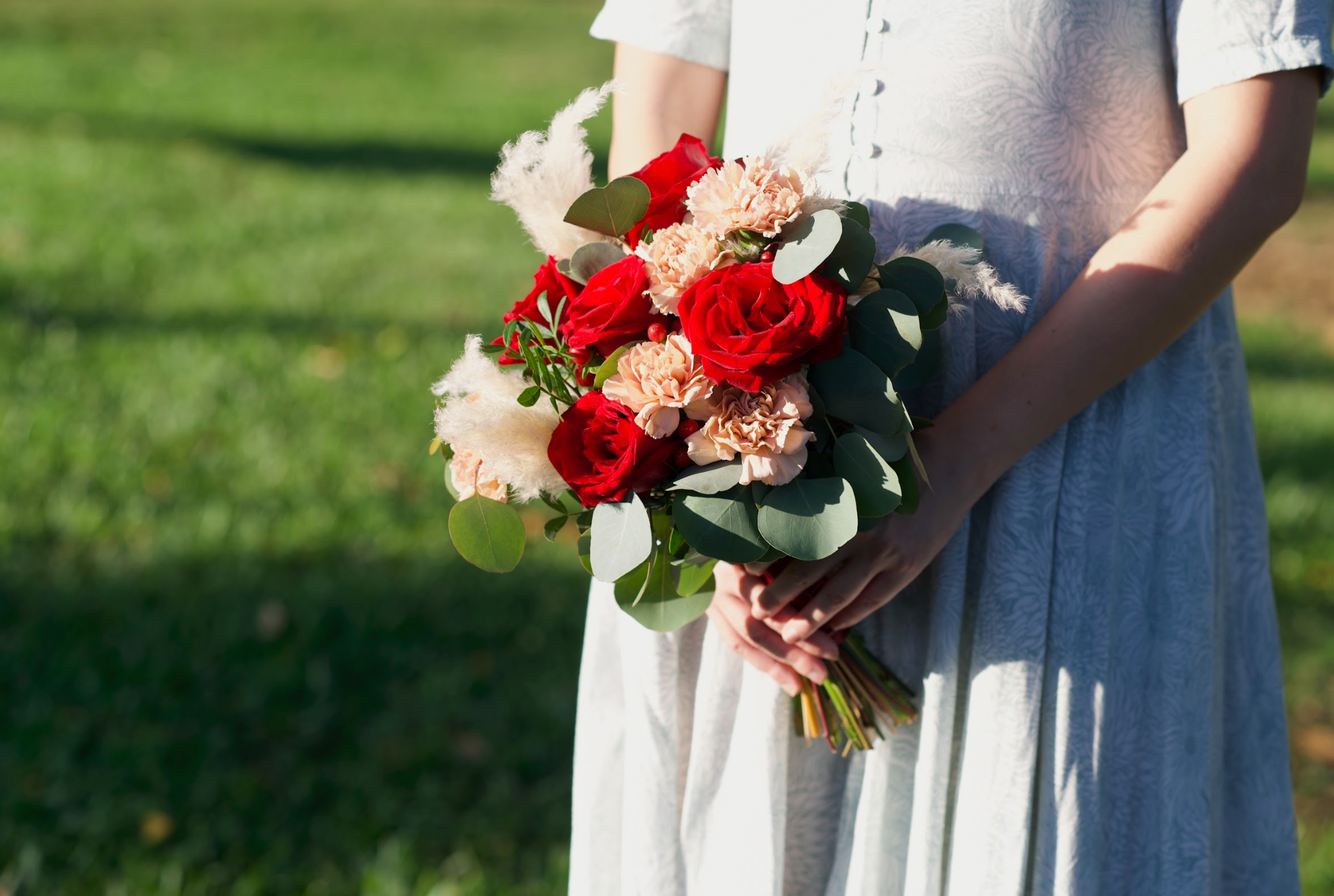 Red Roses Caramel Carnation and Pampas Bridal Bouquet (Fresh Flower)
