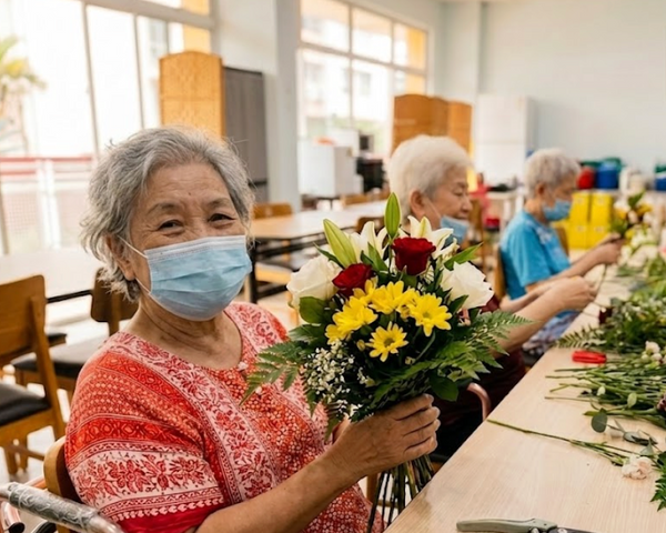 Elderly Woman holding a bouquet of flowers at a craft workshop in a nursing home