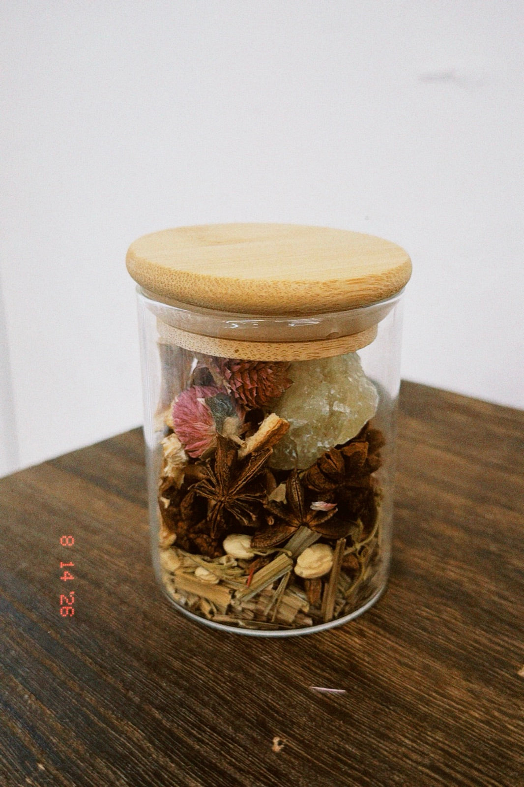 A finished potpourri jar of dried blooms and botanicals from the Hello Flowers DIY potpourri bar