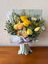Sunlit Whispers — yellow rose and tulip bouquet hand-tied with peach accents