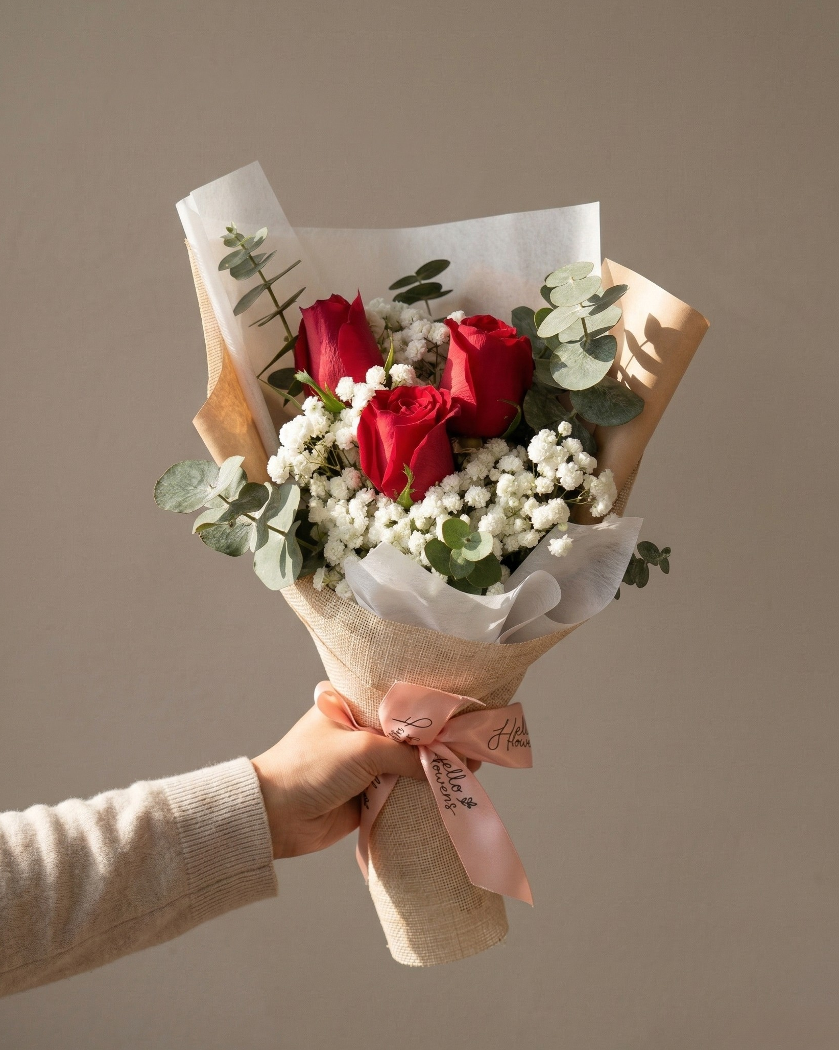 red rose babys breath eucalyptus bouquet