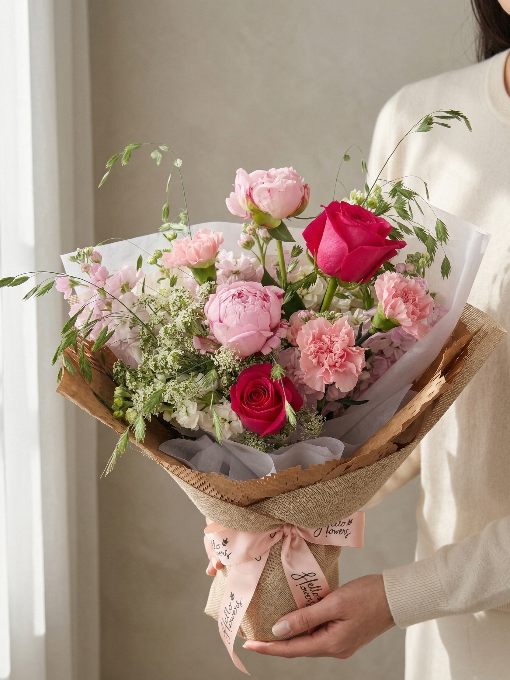 Bouquet of pink and red flowers held by a person against a neutral background