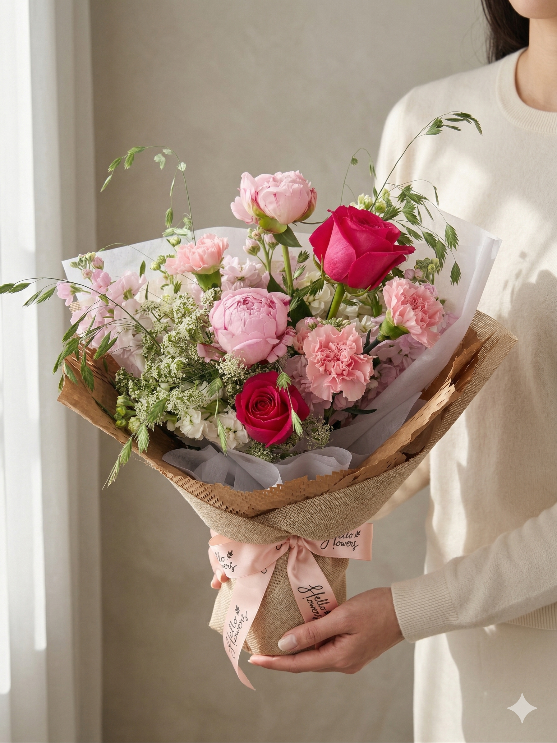 Bouquet of pink and red flowers held by a person against a neutral background