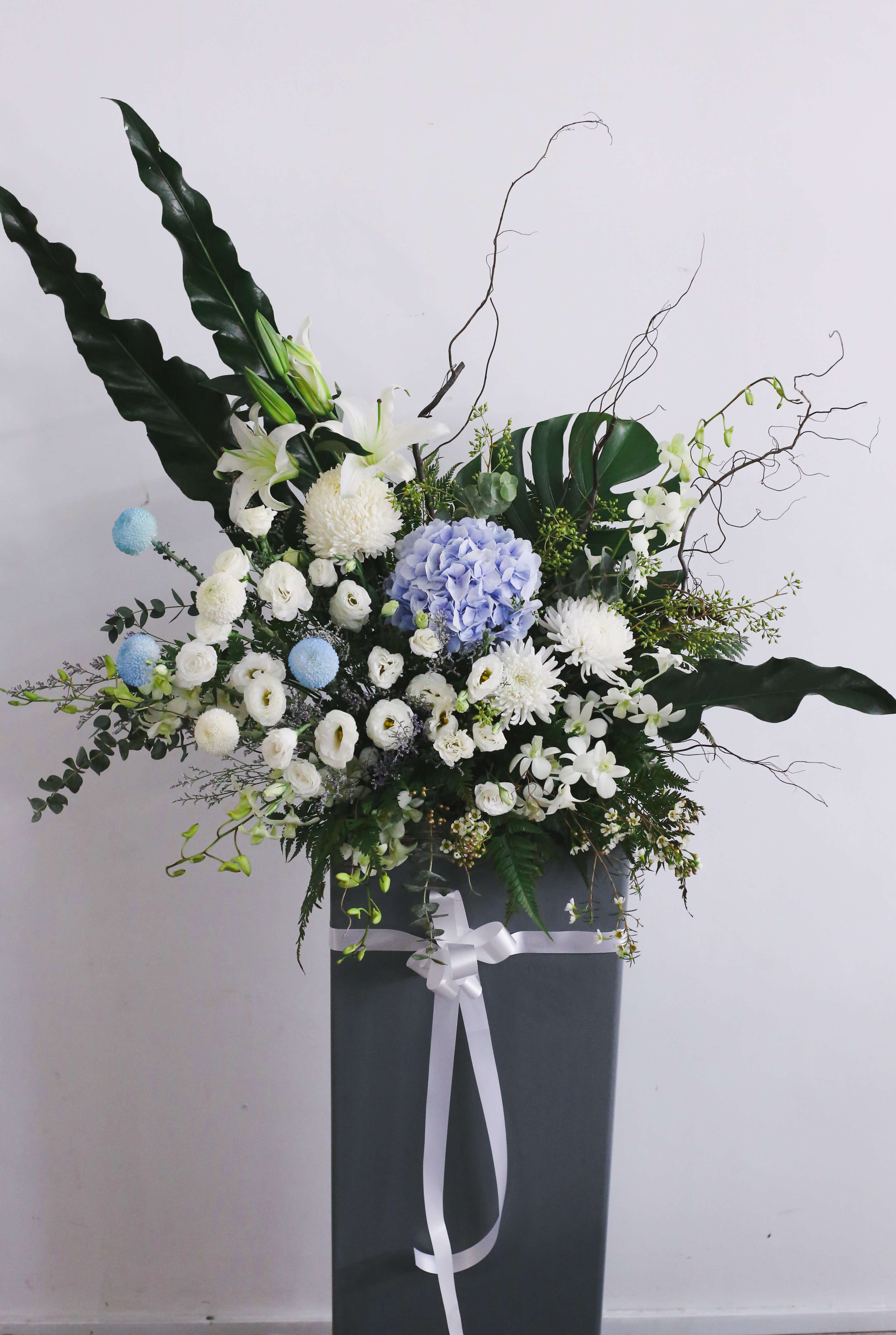 White & Blue Sympathy Flower Stand