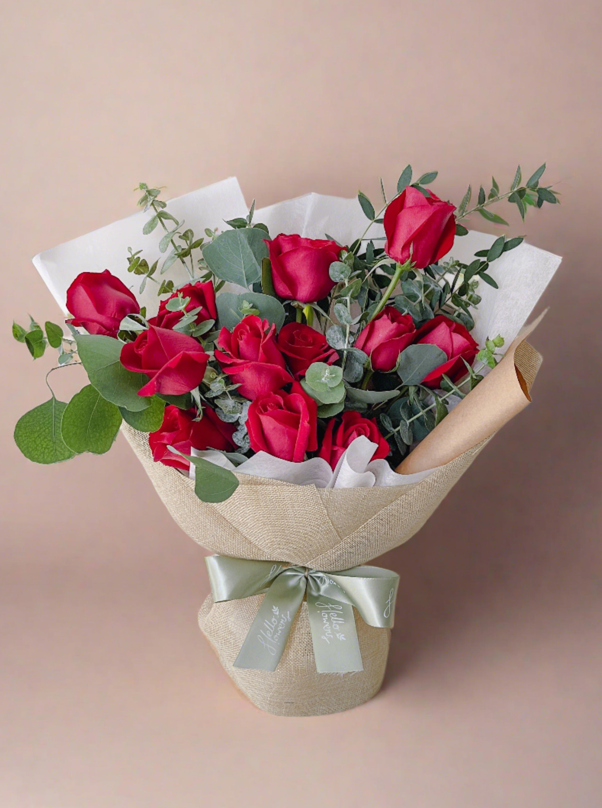 red roses bouquet 9 12 stalks eucalyptus leaves 