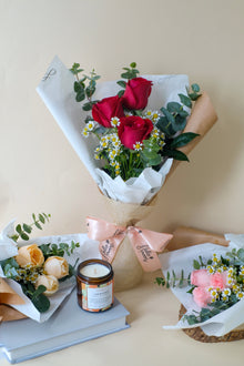 Mini Bouquet - 3 Stalk Roses, Tanacetum & Eucalyptus Bouquet