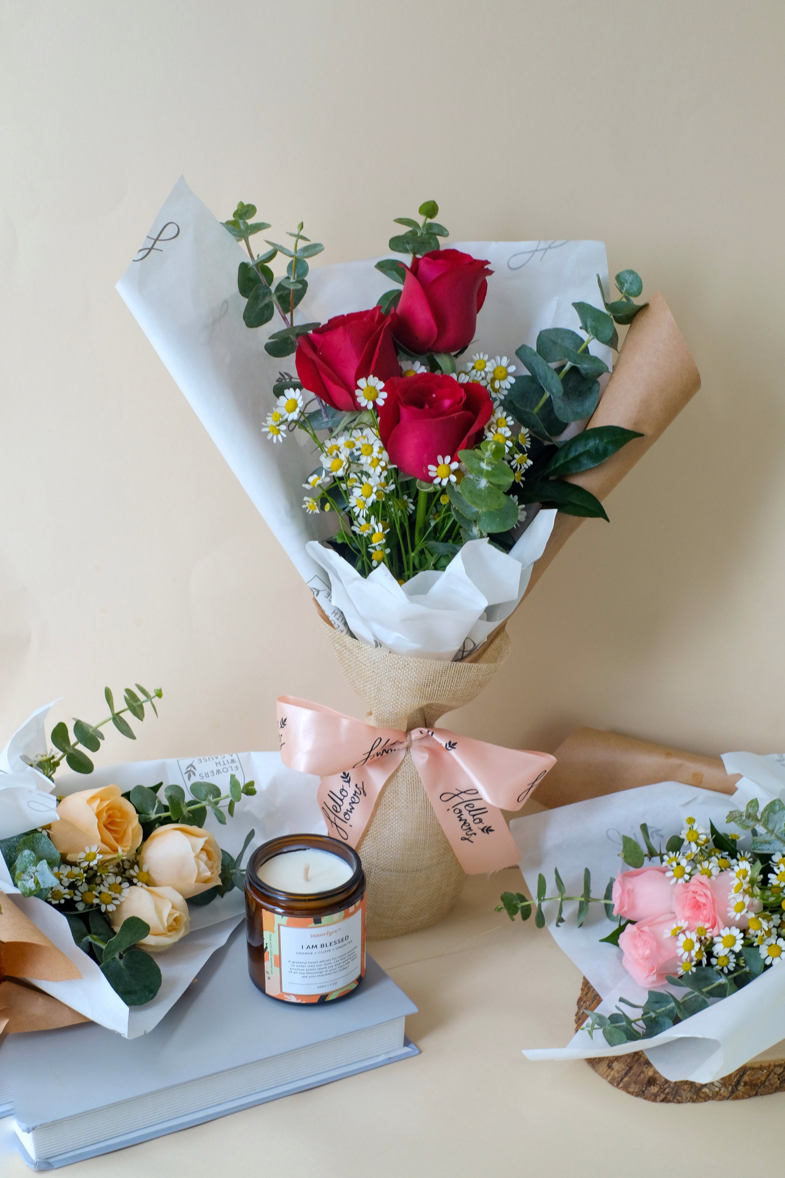 Mini Bouquet - 3 Stalk Roses, Tanacetum &amp; Eucalyptus Bouquet